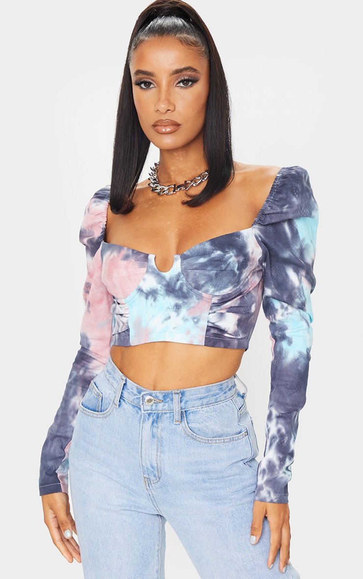 Purple Tie Dye Printed Cup Ruched Crop Top