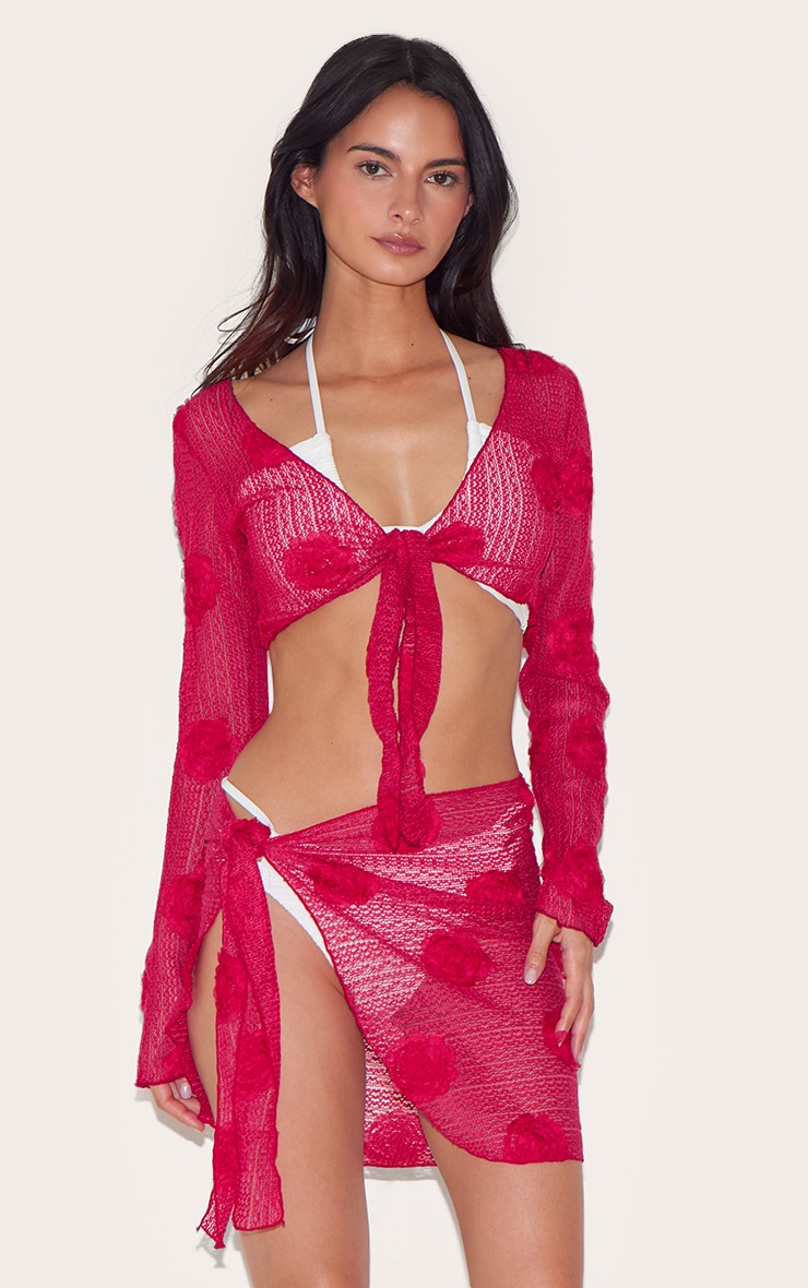 Red Textured Flower Trim Tie Front Beach Top image 1
