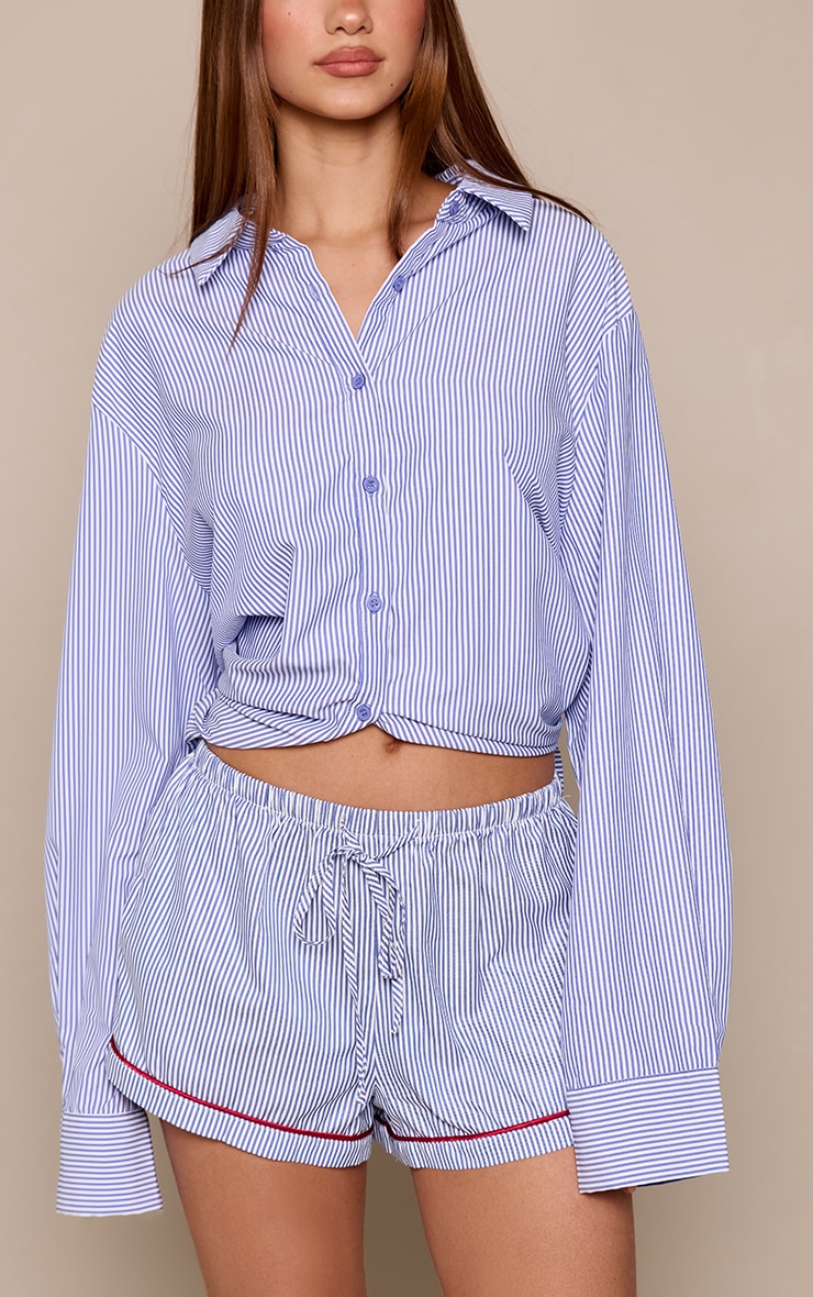 Blue Striped Contrast Piping Detail Shorts image 2