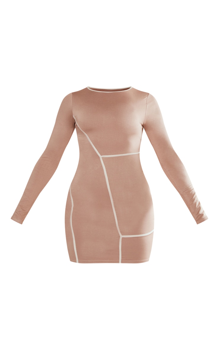 Camel Contrast Binding Long Sleeve Bodycon Dress image 5