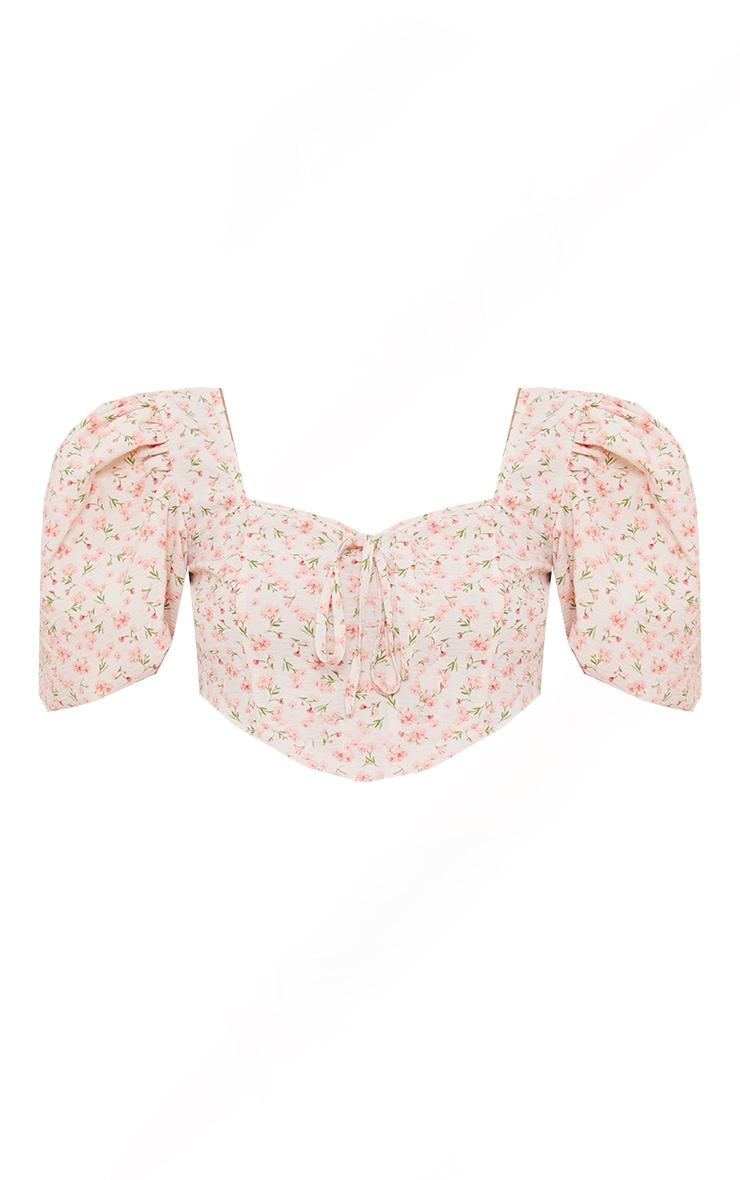Baby Pink Floral Woven Puff Short Sleeve Crop Top image 5