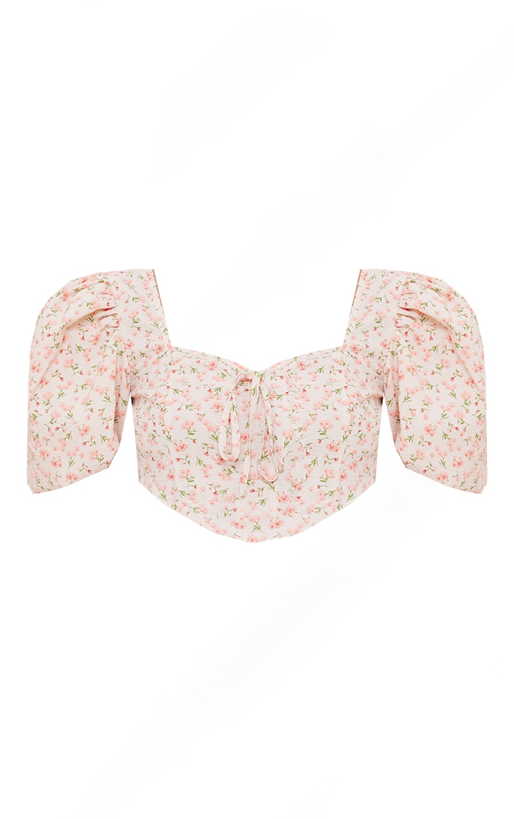 Baby Pink Floral Woven Puff Short Sleeve Crop Top image 5