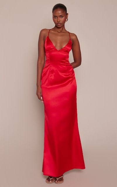 Red Satin Tie Back Maxi Dress