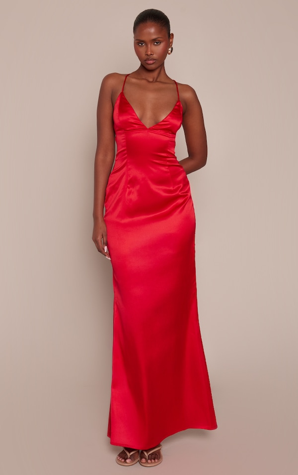 Red Satin Tie Back Maxi Dress
