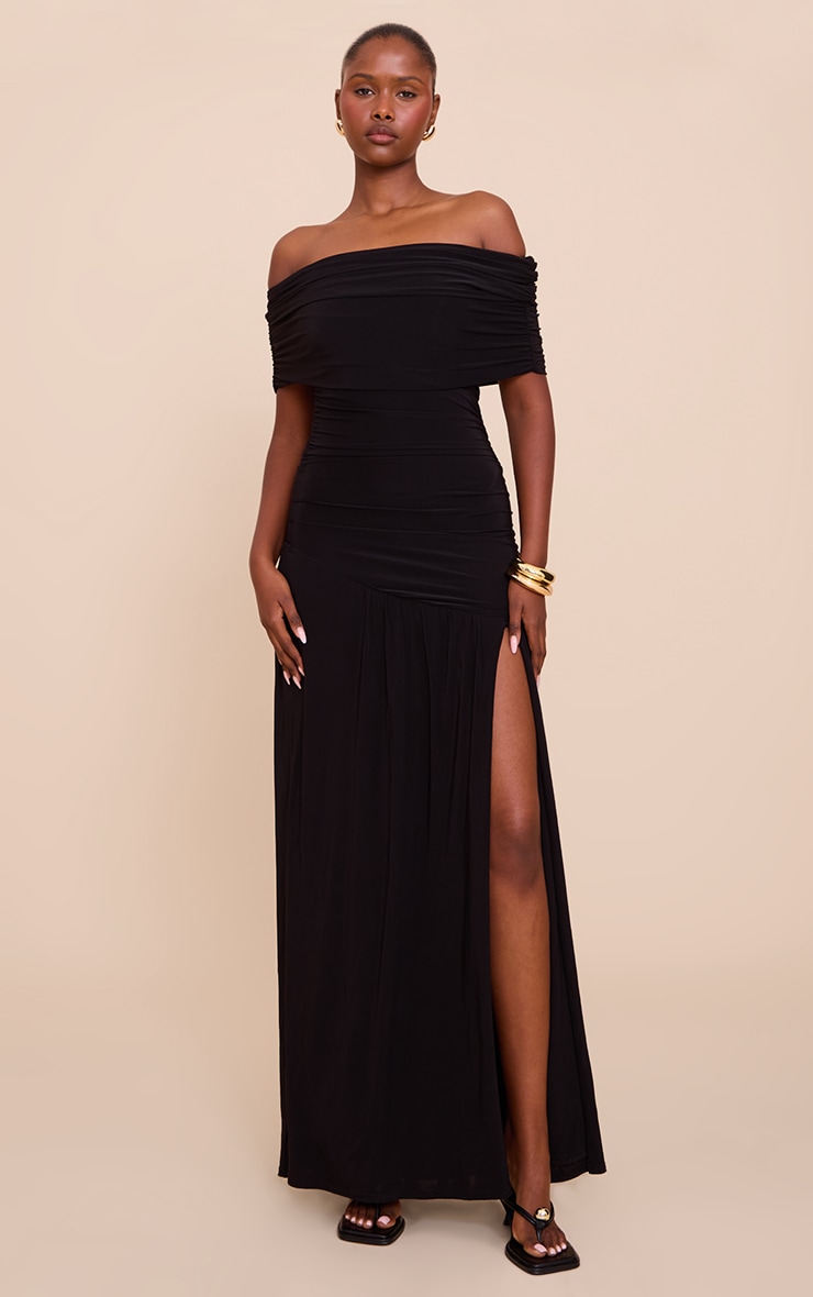 Robe longue moulante doublée noire froncée à épaule bardot unique image 1