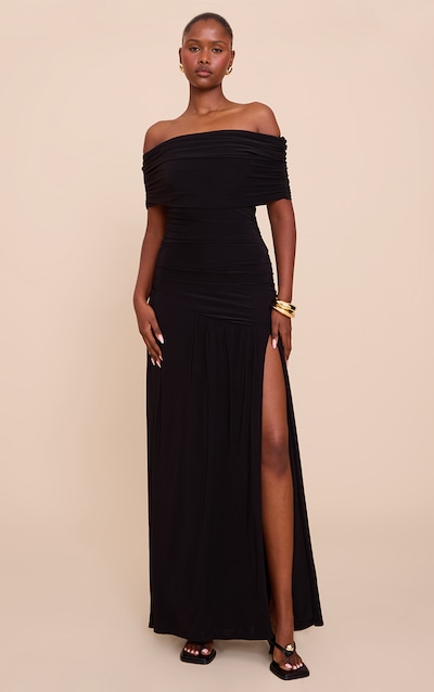Black Double Layer Slinky Bardot One Shoulder Ruched Maxi Dress