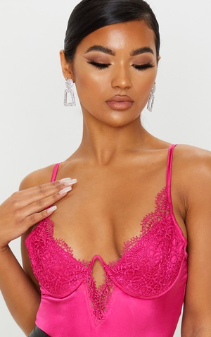 Hot Pink Satin Lace V Cup Bodysuit Prettylittlething Il