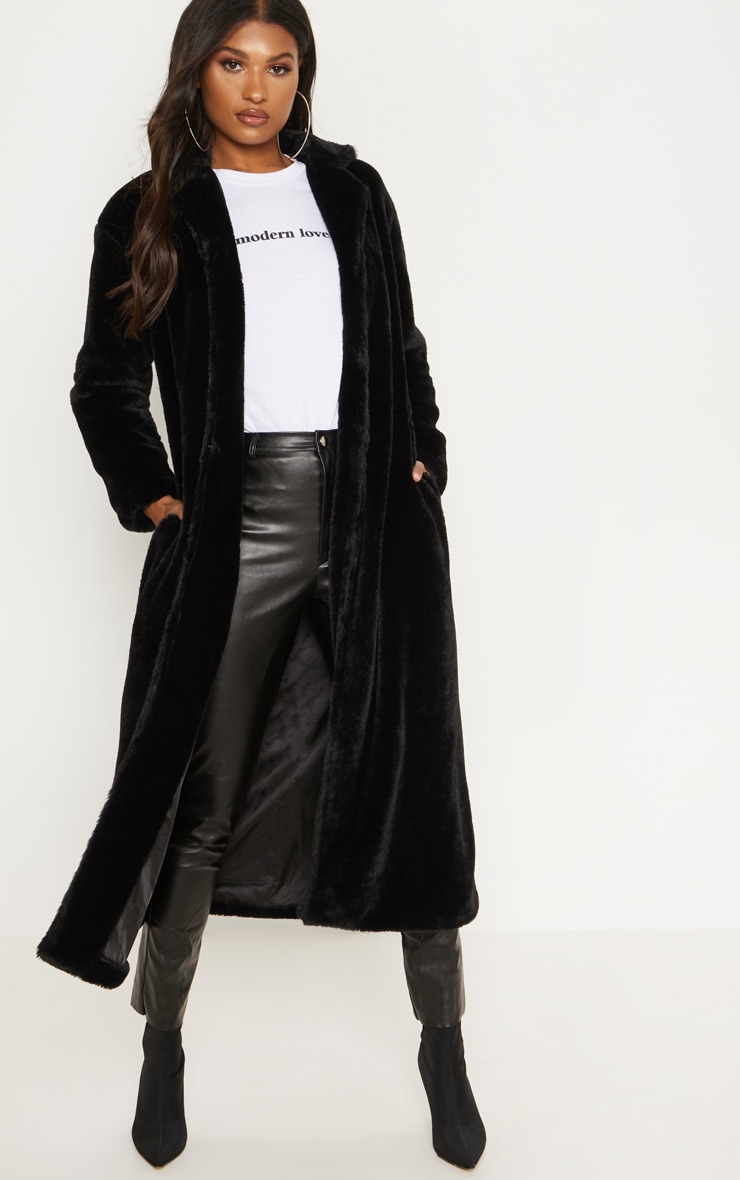 Black Longline Faux Fur Coat