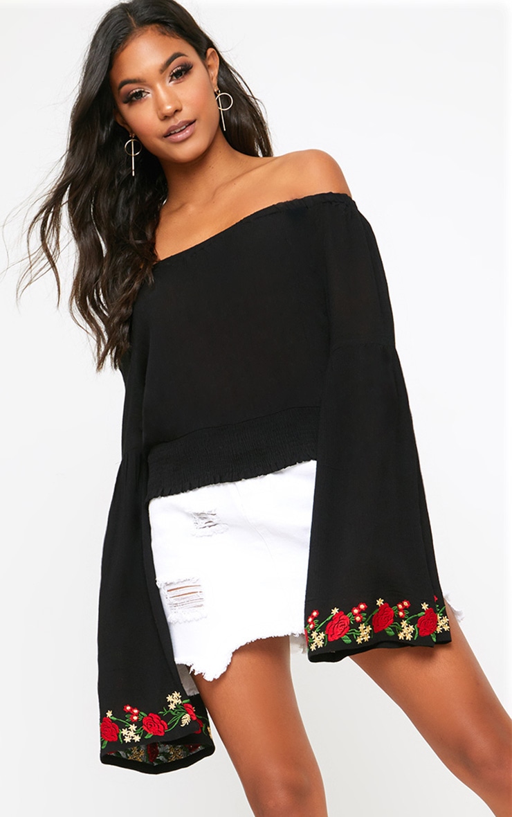 Black Cheesecloth Embroidered Sleeve Ruched Top PrettyLittleThing