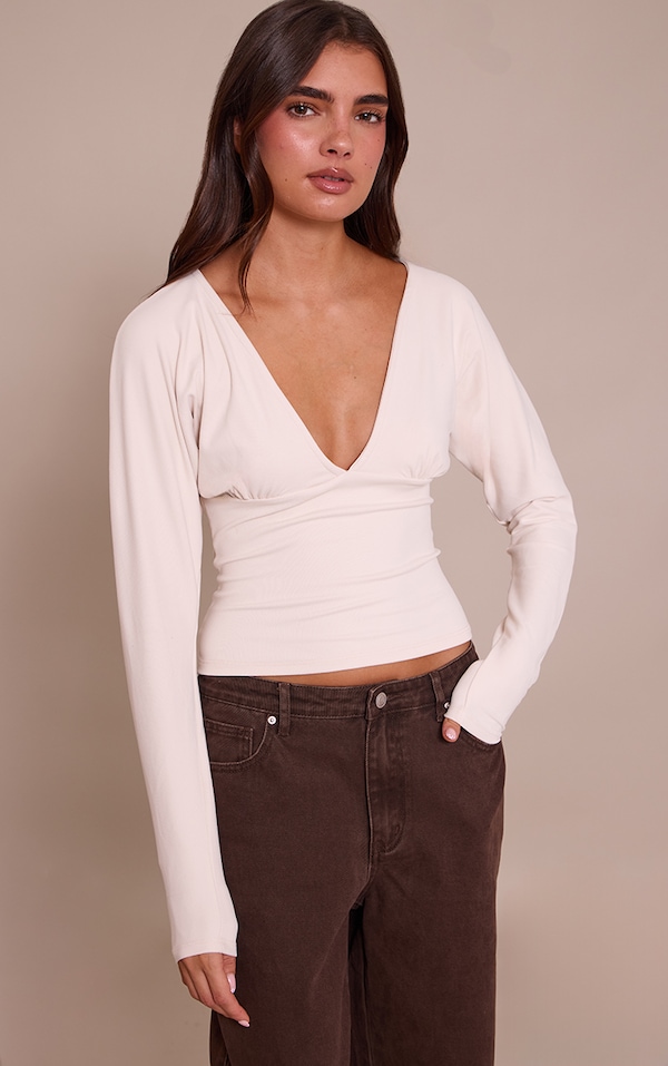 Cream Ultra Soft Plunge Detail Long Sleeve Top