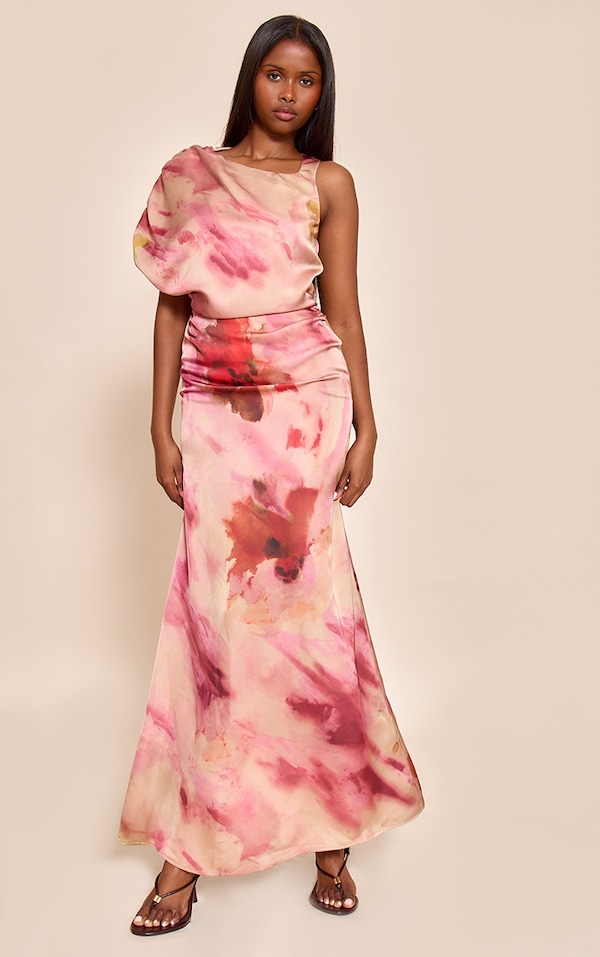 Pink Printed Asymmetric Ruched Detail Maxi Dress