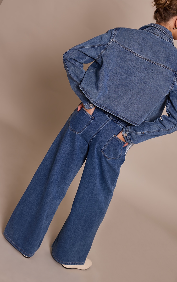 Mid Blue Relaxed Tie Waistband Wide Leg Jeans image 3