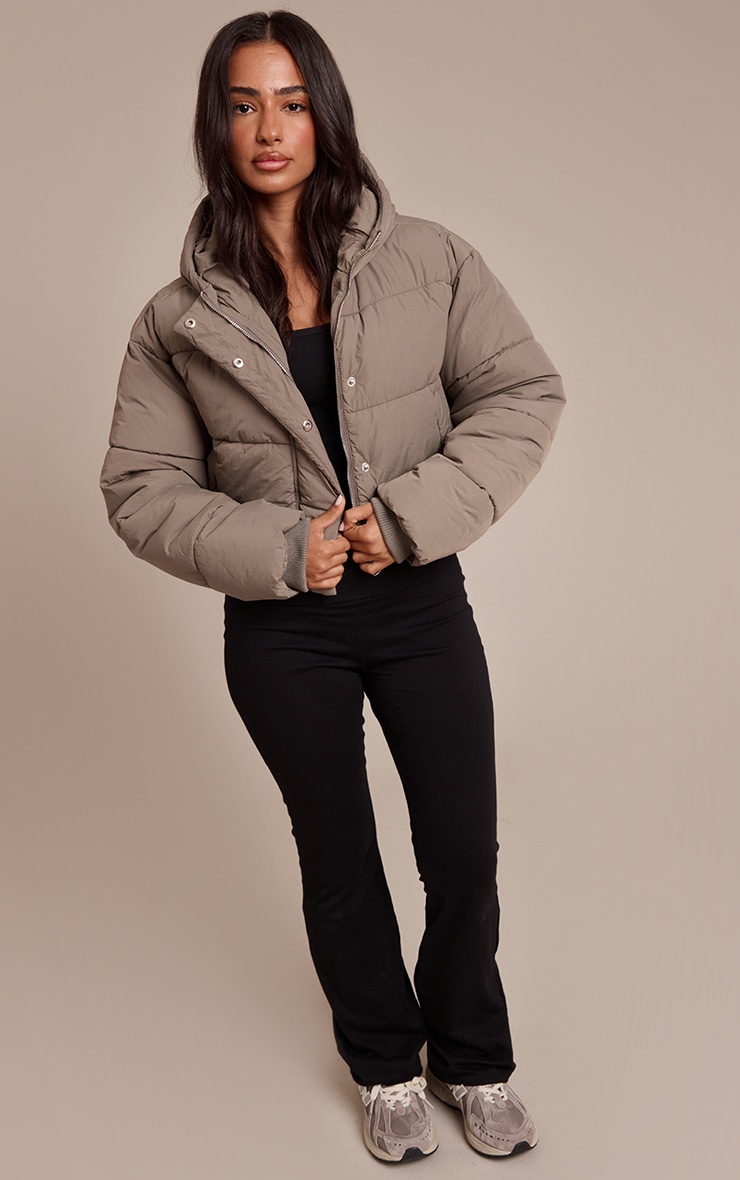 Petite Taupe Cropped Drawstring Puffer Jacket image 3