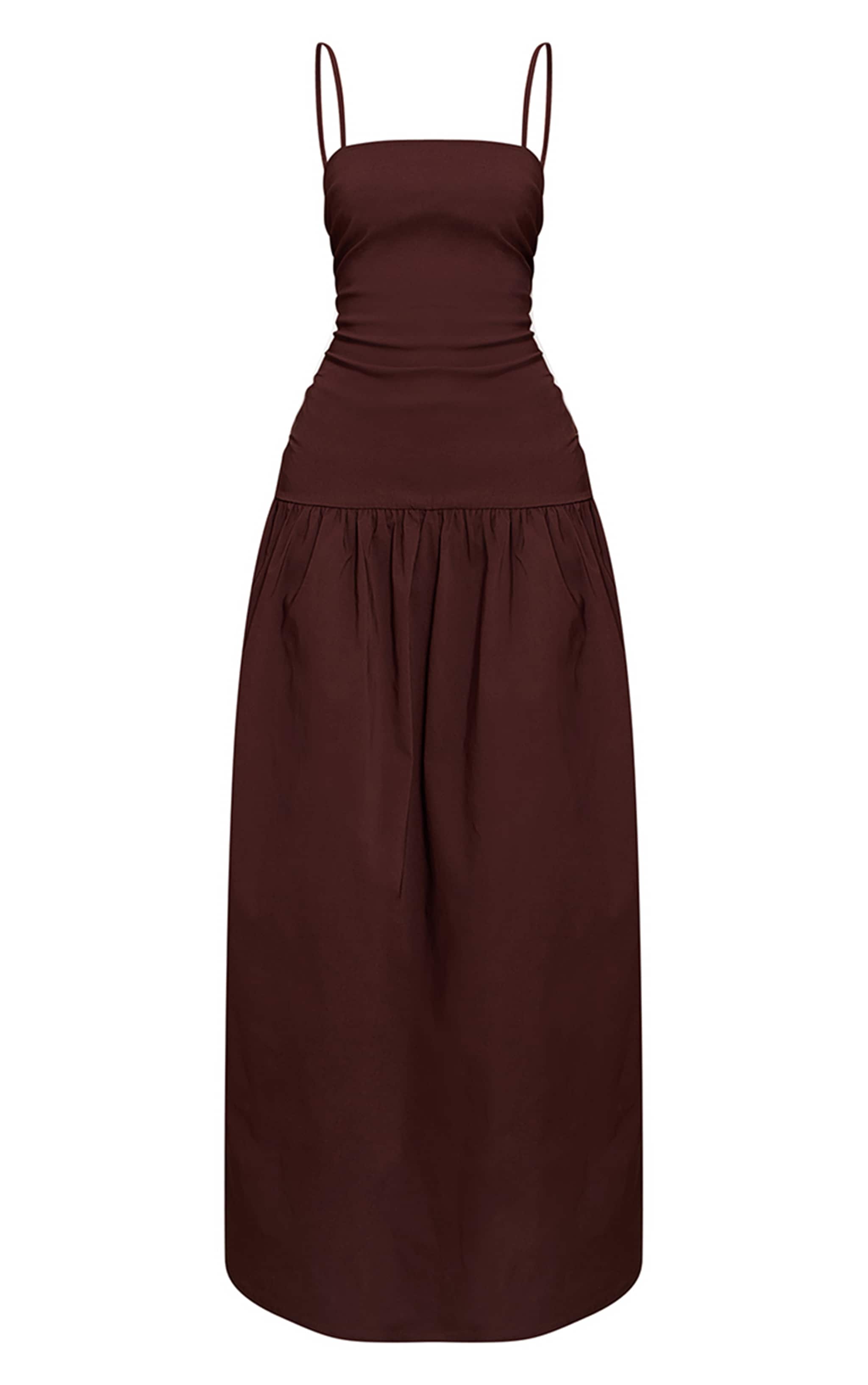 Chocolate Stretch Woven Strappy Ruched Maxi Dress image 5