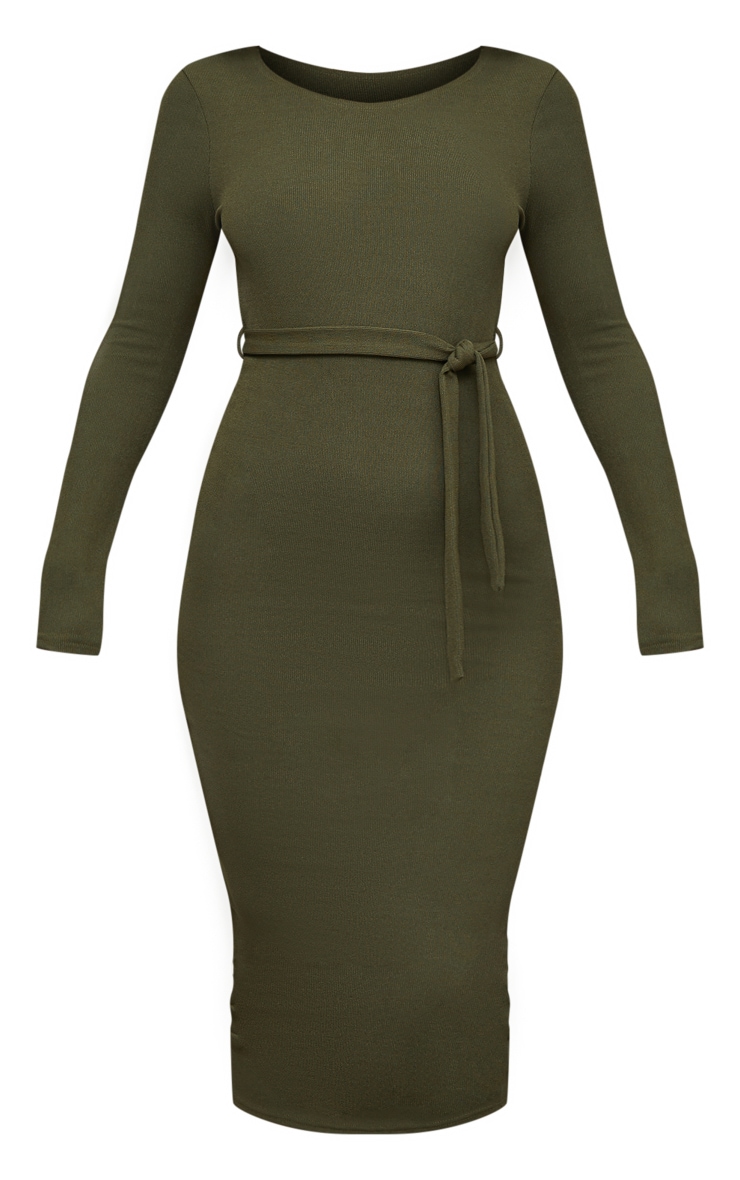 Khaki Rib Open Back Tie Waist Midaxi Dress image 3