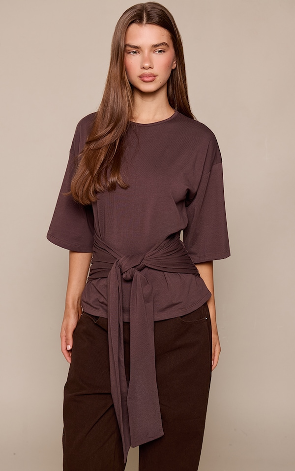 Chocolate Cotton Wrap Detail T-Shirt  