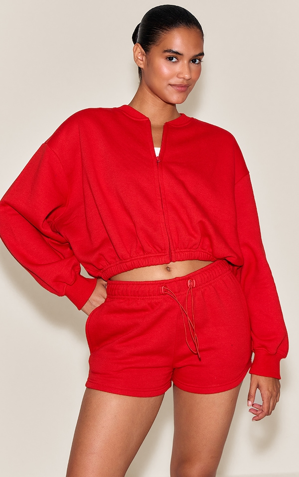 Bright Red Drawcord Waist Cropped Zip Up Sweatshirt