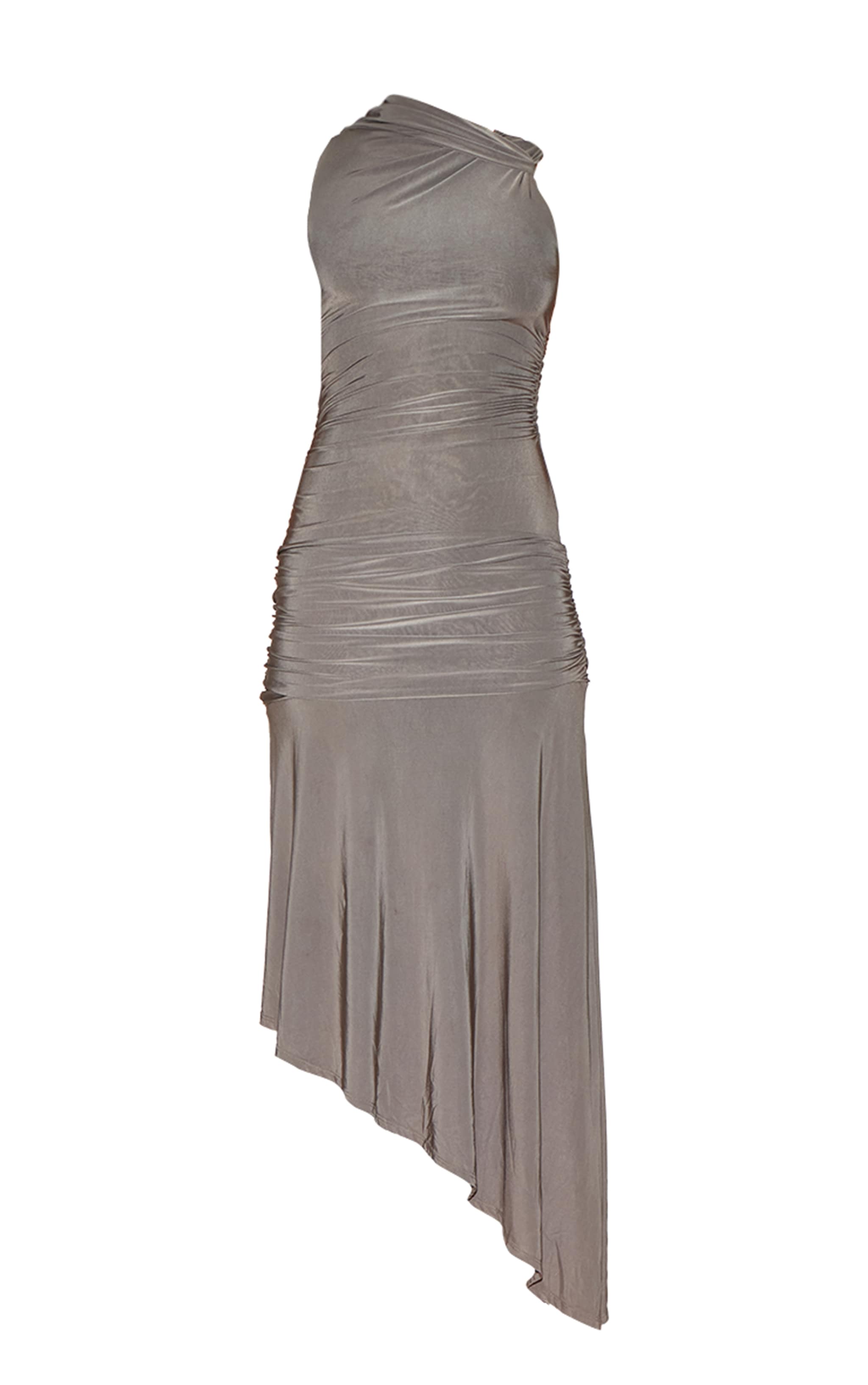 Robe longue asymétrique moulante gris champignon froncée à partie superposée image 5
