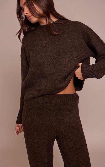 Chocolate Marl Knitted Cropped Crew Neck Sweater