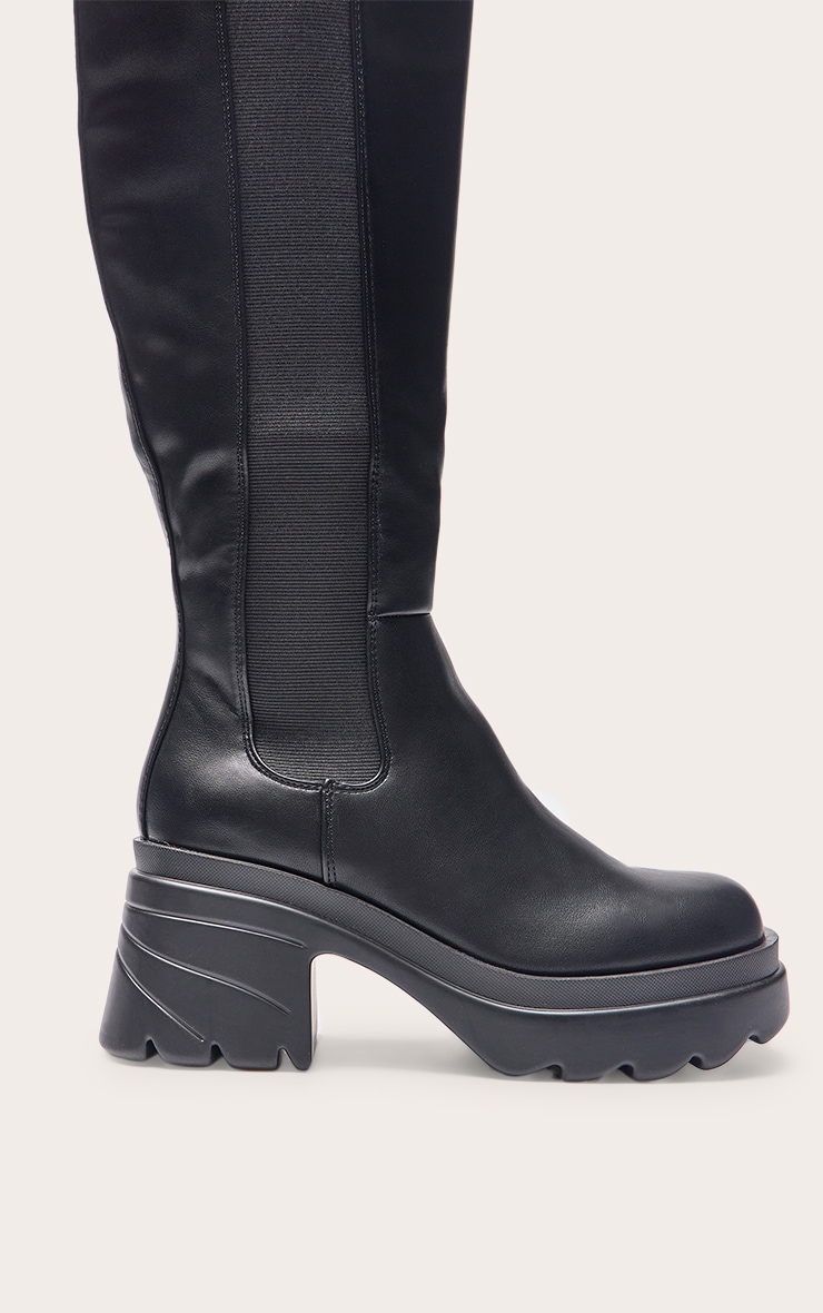 Black Pu Chunky Chelsea Heeled Knee High Boots image 5