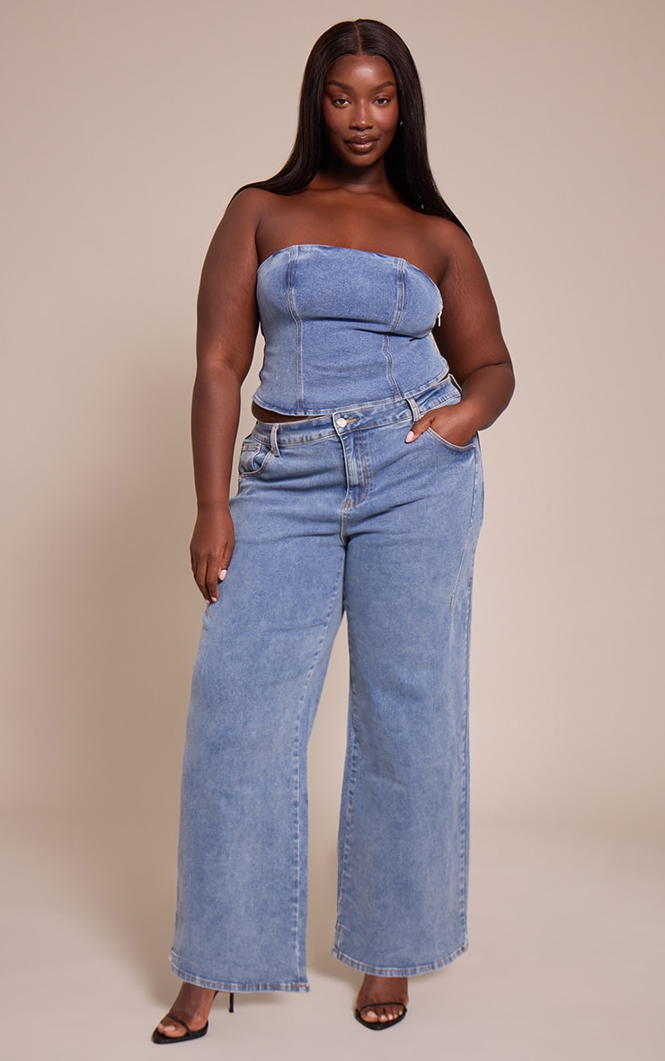 Plus Mid Blue Wash Adjustable Elasticated Bandeau Corset Top image 3