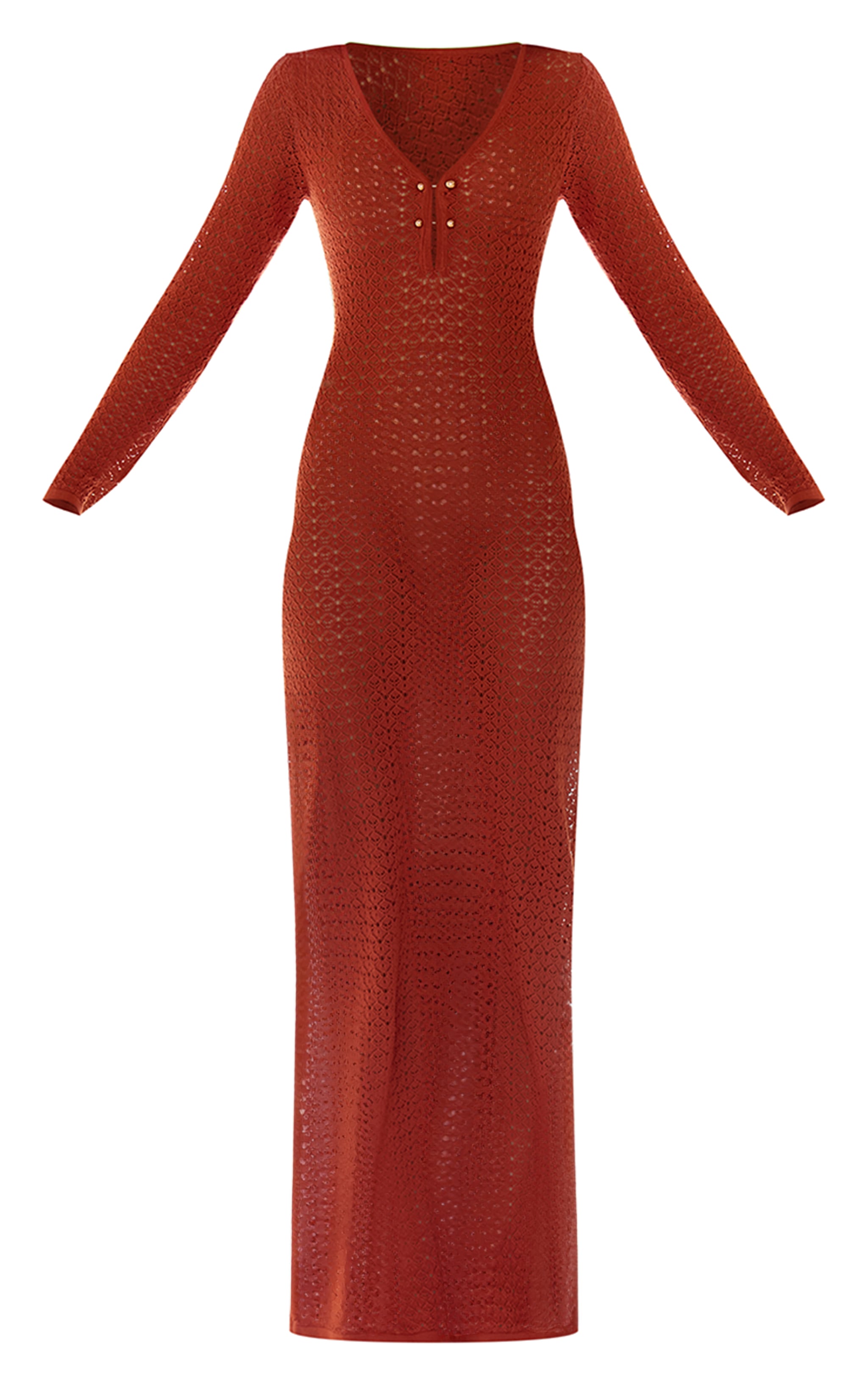 Robe longue en maille style crochet rouille à manches longues et empiècements image 5