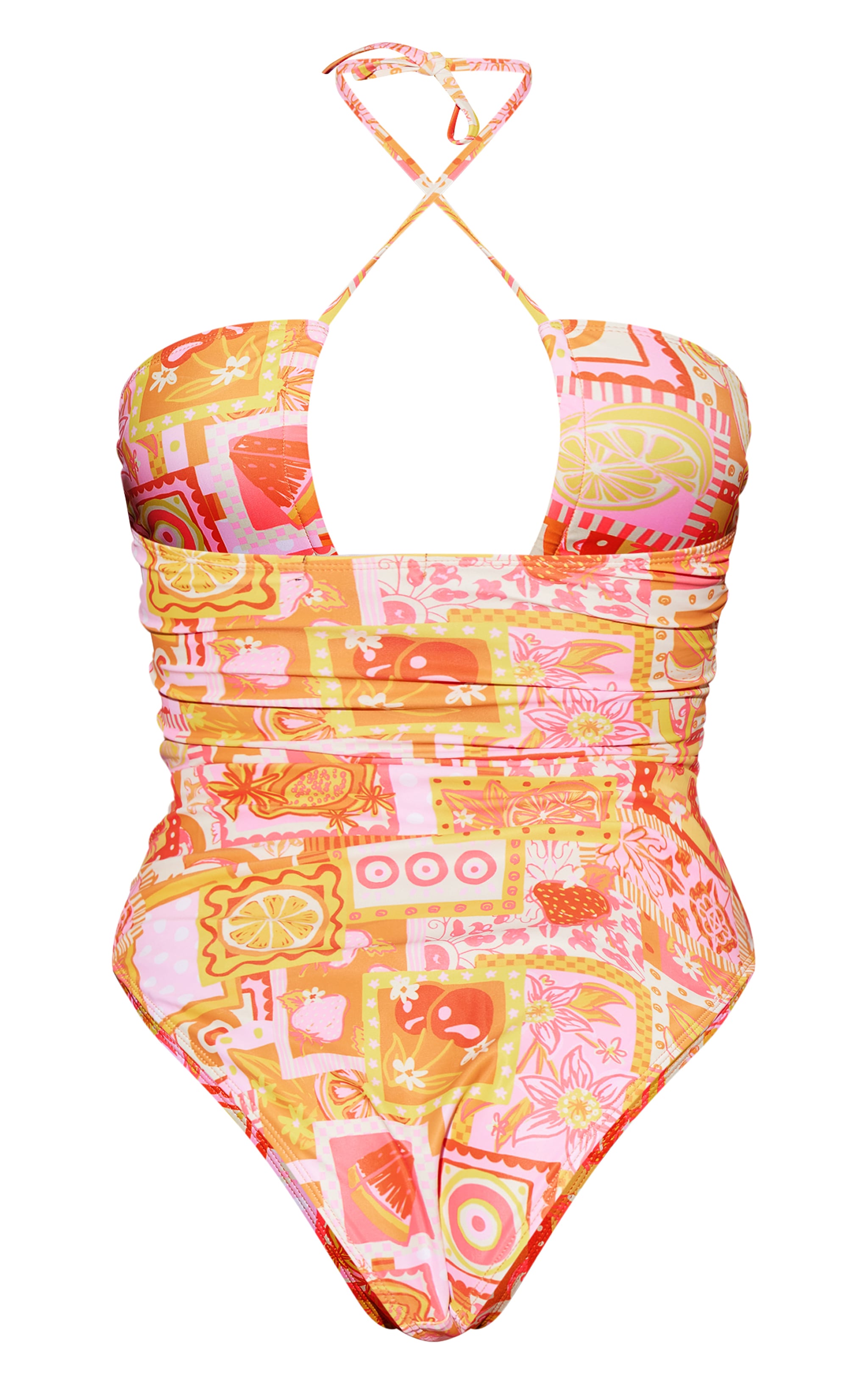 Orange Postcard Fruit Print Halter Neck Swimsuit image 2