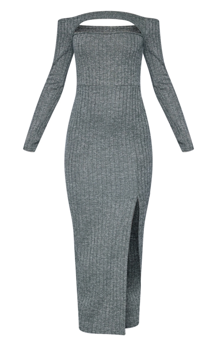 Khaki Marl Rib Cut Out Long Sleeve Maxi Dress image 5