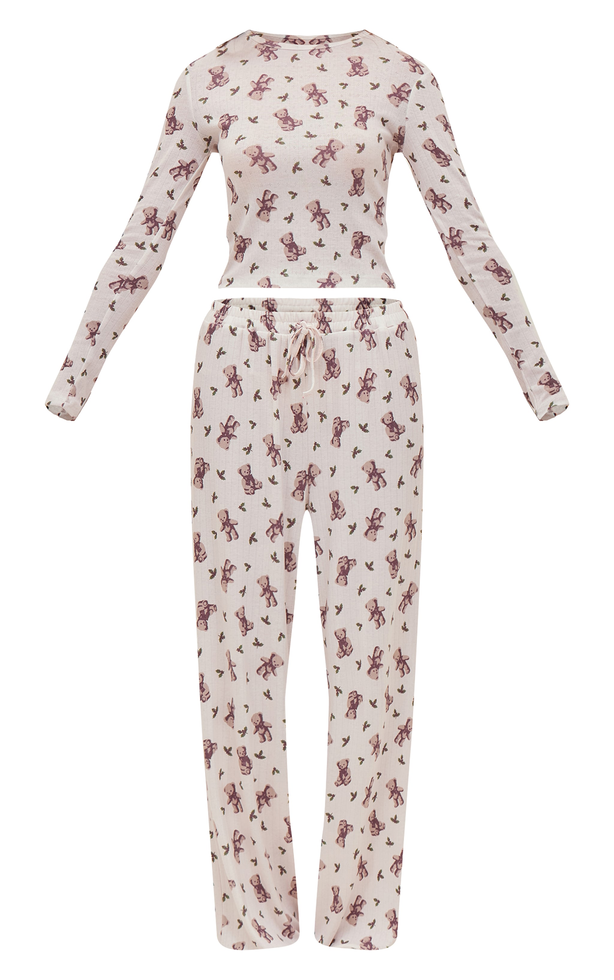 Teddy Bear Print Pointelle Fitted Long Sleeve Top and Pant PJ Set image 5