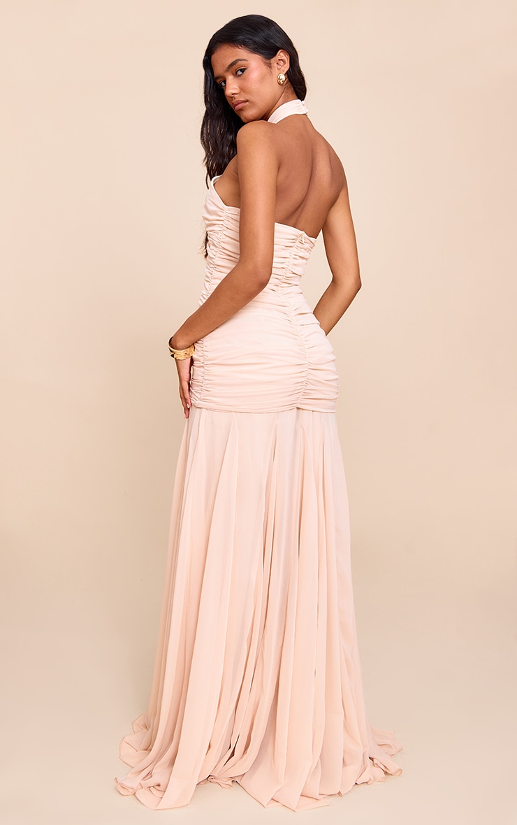 Cream Chiffon Halterneck Ruched Dropped Waist Maxi Dress image 2