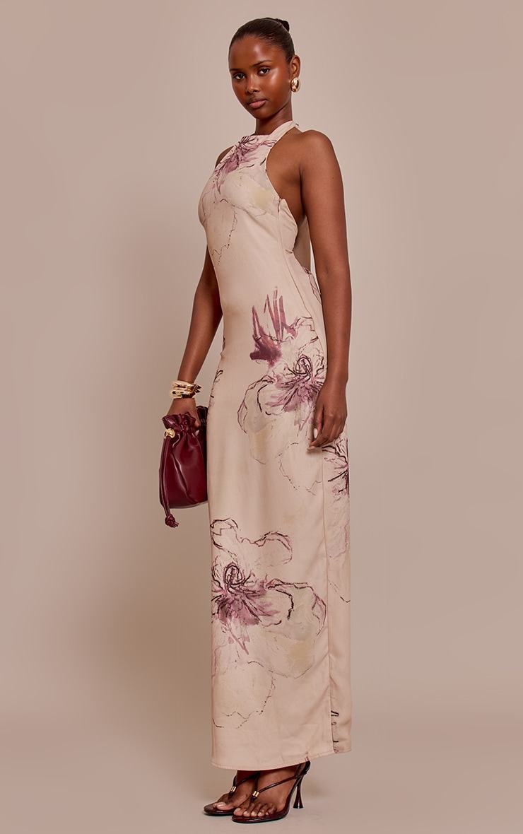 Cream Printed Chiffon High Neck Maxi Dress image 3