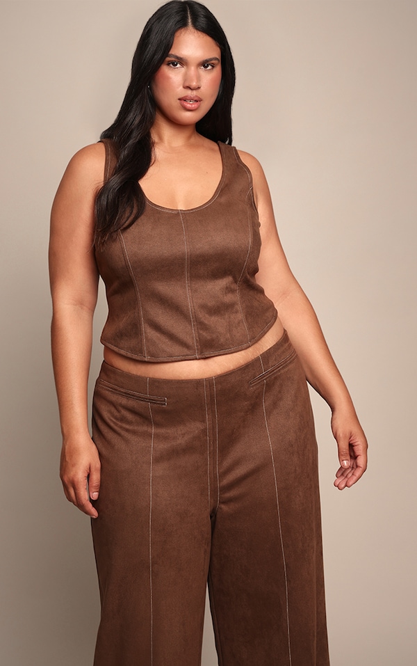 Plus Chocolate Suede Contrast Stitch Corset Top 