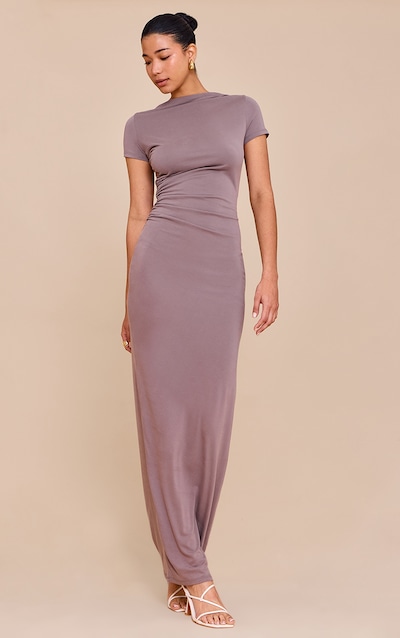 Taupe Modal Ruched Cap Sleeve Midaxi Dress