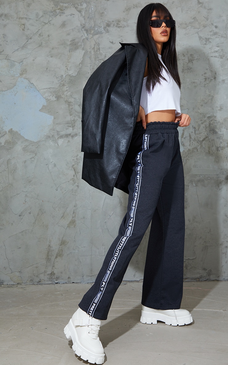 PRETTYLITTLETHING Charcoal Marl Side Tape Wide Leg Joggers