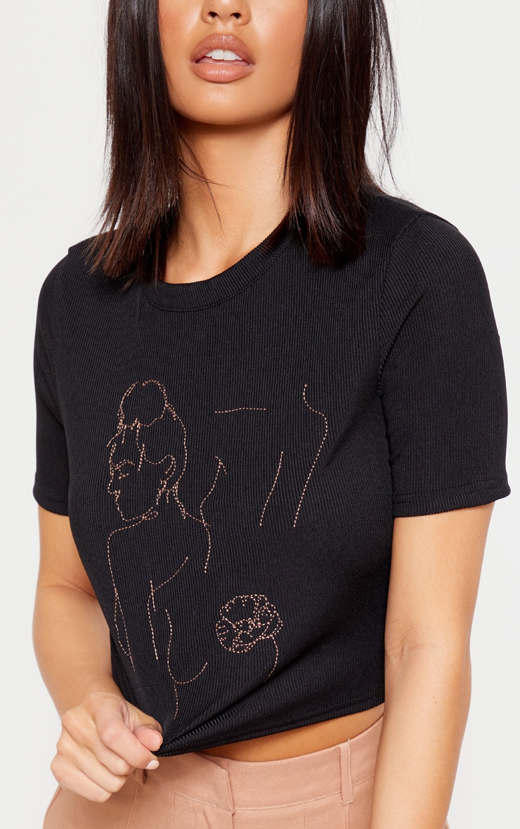 Black Embroidered Rib T Shirt image 6