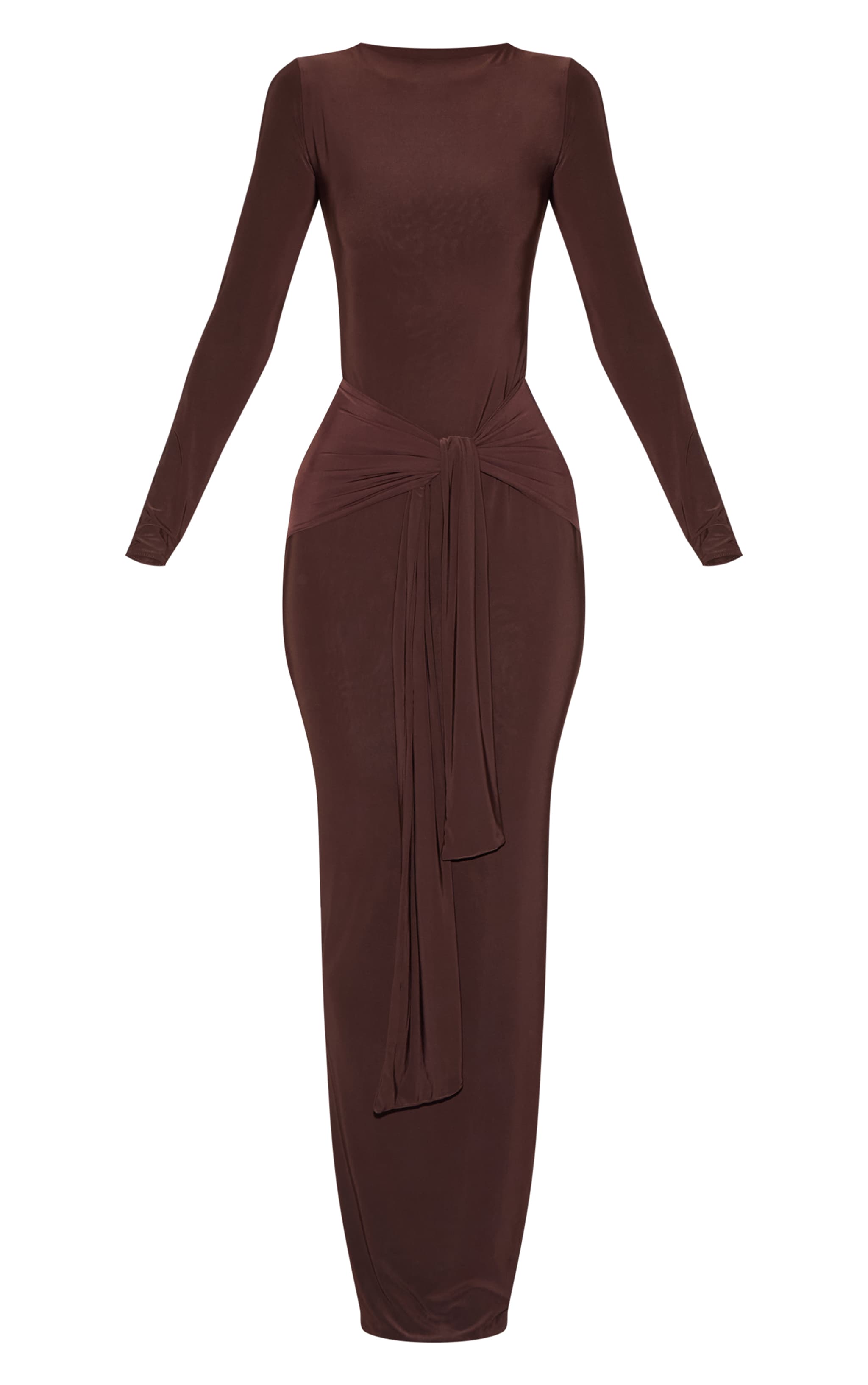 Robe longue douce doublée marron à détail noué image 5