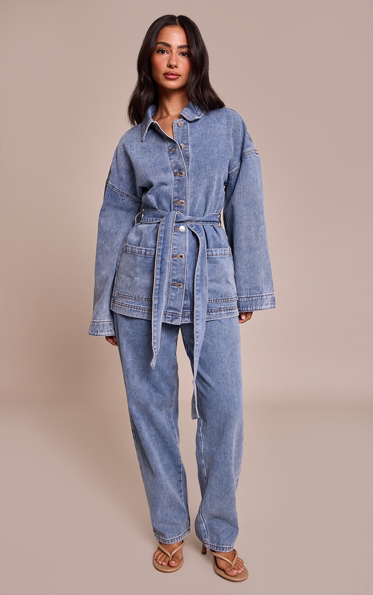 Petite Mid Blue Tie Waist Utility Denim Jacket image 3