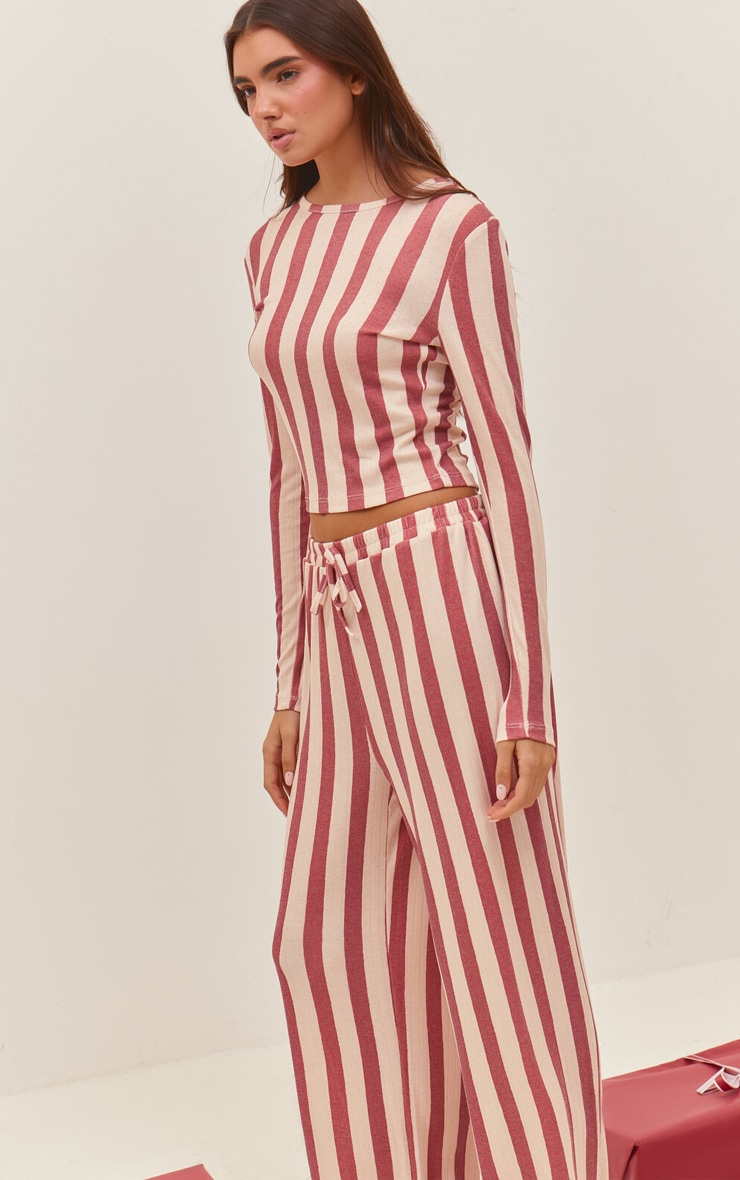 Red Striped Pointelle Long Sleeve Top and Pant PJ Set image 1