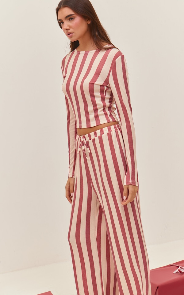 Red Striped Pointelle Long Sleeve Top and Pant PJ Set
