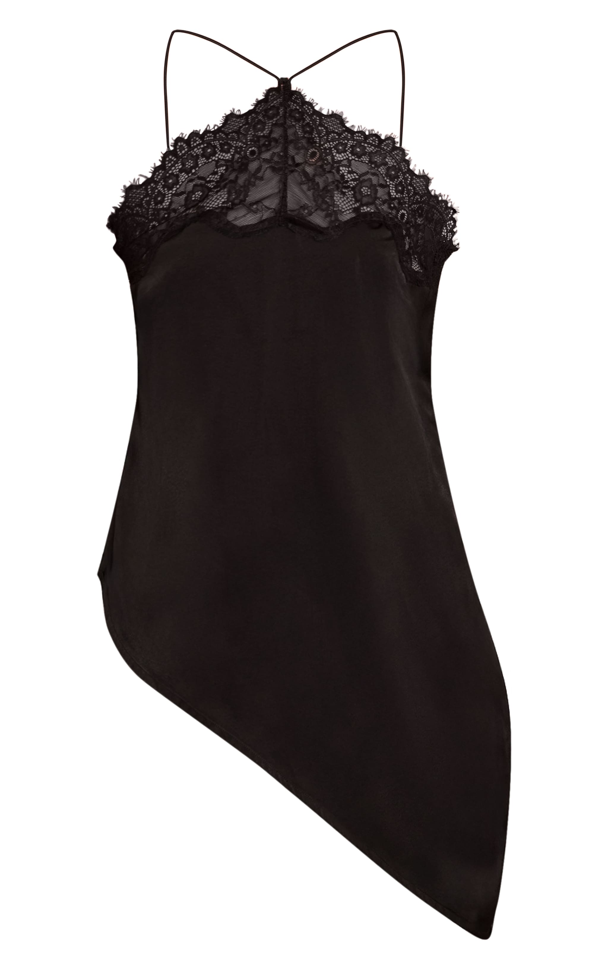 Black Satin Lace Halterneck Asymmetric Cami Top | Tops