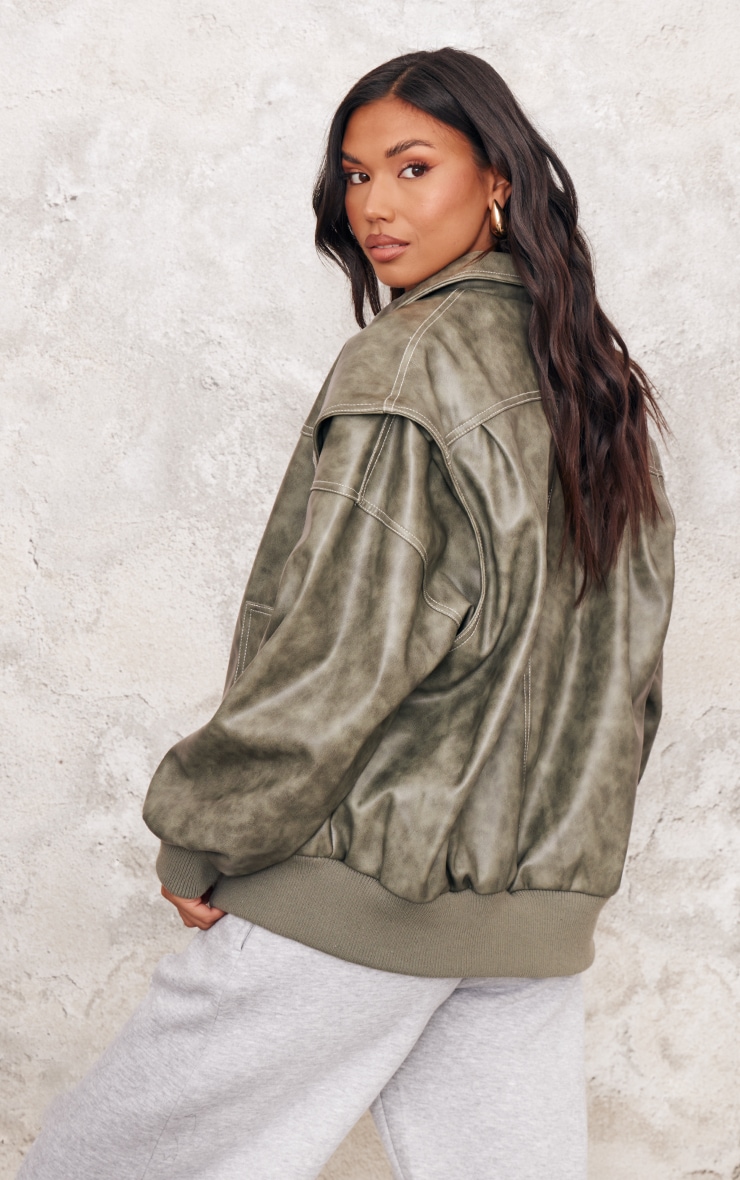 Washed Green Distressed Faux Leather Oversized Longline Bomber Jacket image 2