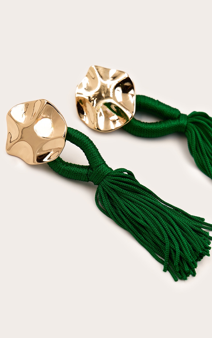Gold Hammered Circular Earrings with Emerald Tassel Detail image 3