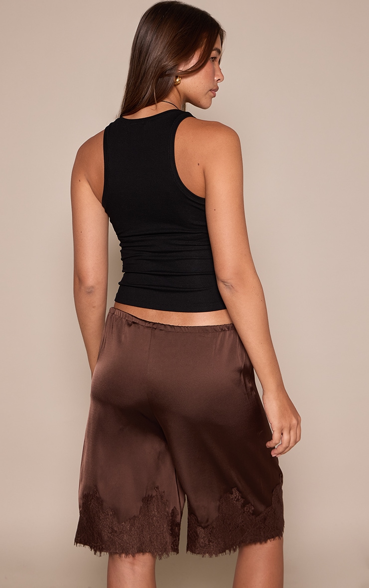 Chocolate Satin Lace Detail Long Shorts  image 3