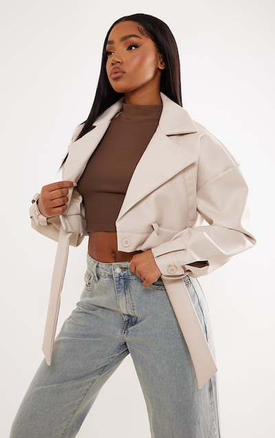 Stone Oversized Belted Hem Cropped Biker Jacket