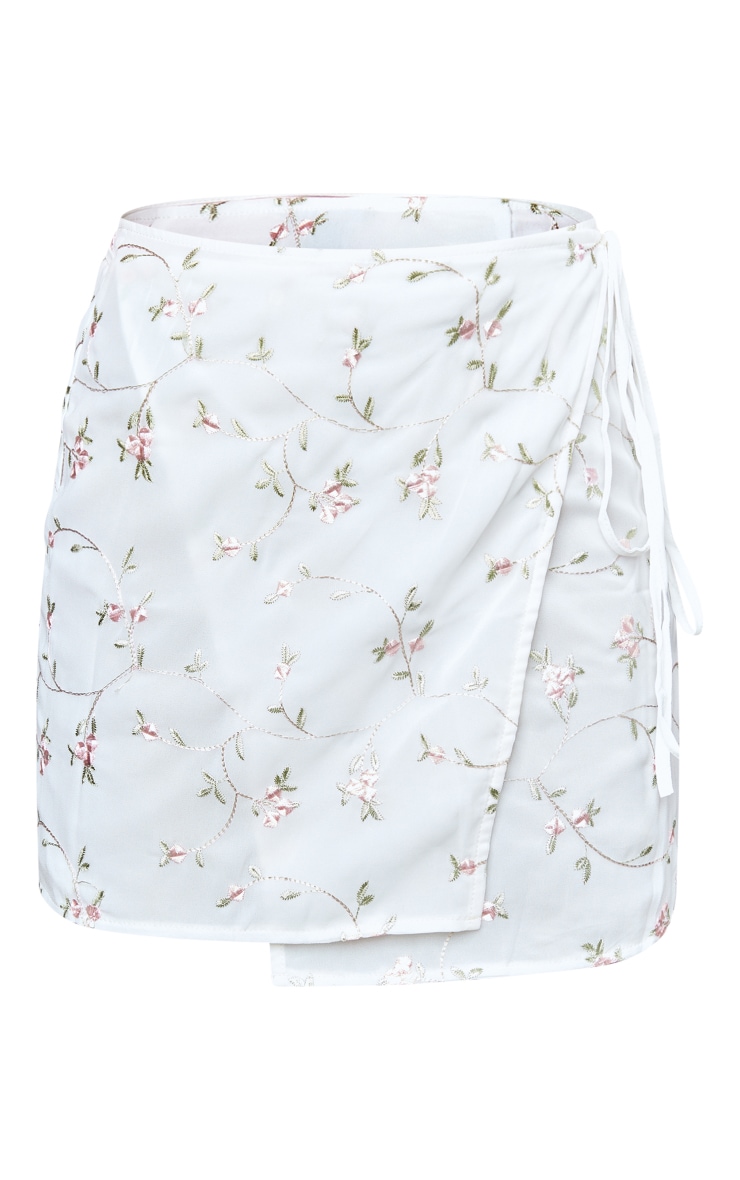 S wrap flower skirt mini ホワイト White Flower Embroidered Chiffon Wrap Mini Skirt | Bottoms
