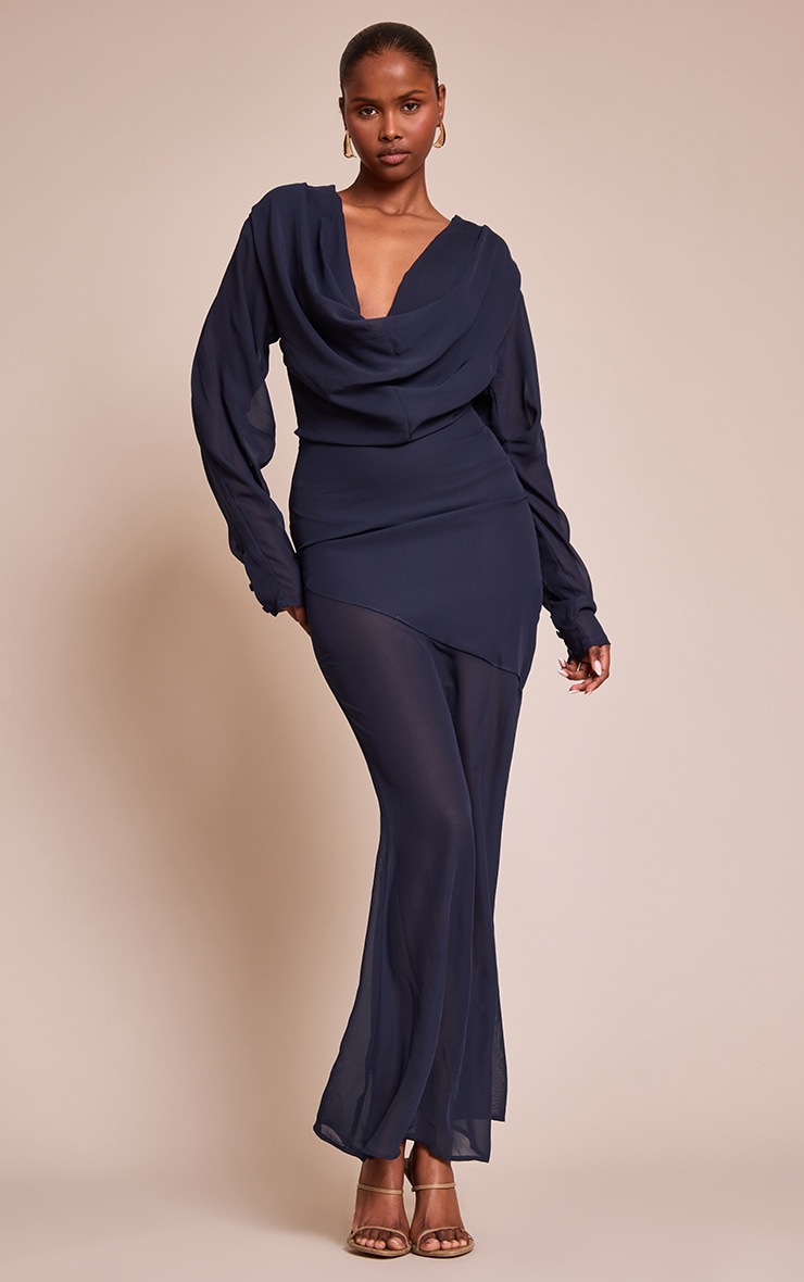 Navy Chiffon Extreme Cowl Neck Long Sleeve Maxi Dress image 1