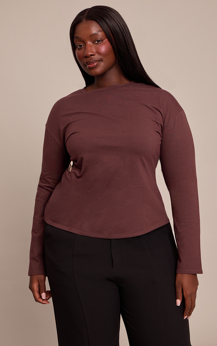 Plus Chocolate Cotton Side Trim Detail Long Sleeve T-shirt  image 4