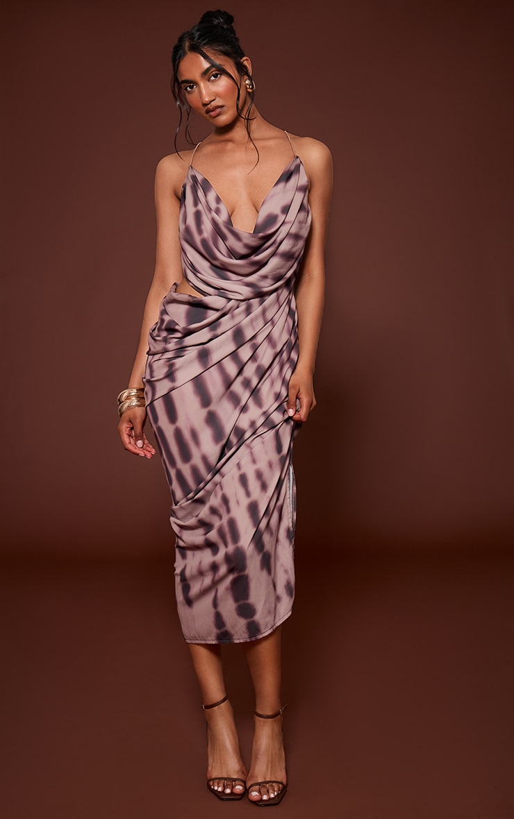 Brown Abstract Chiffon Drape Cut Out Midaxi Dress image 3