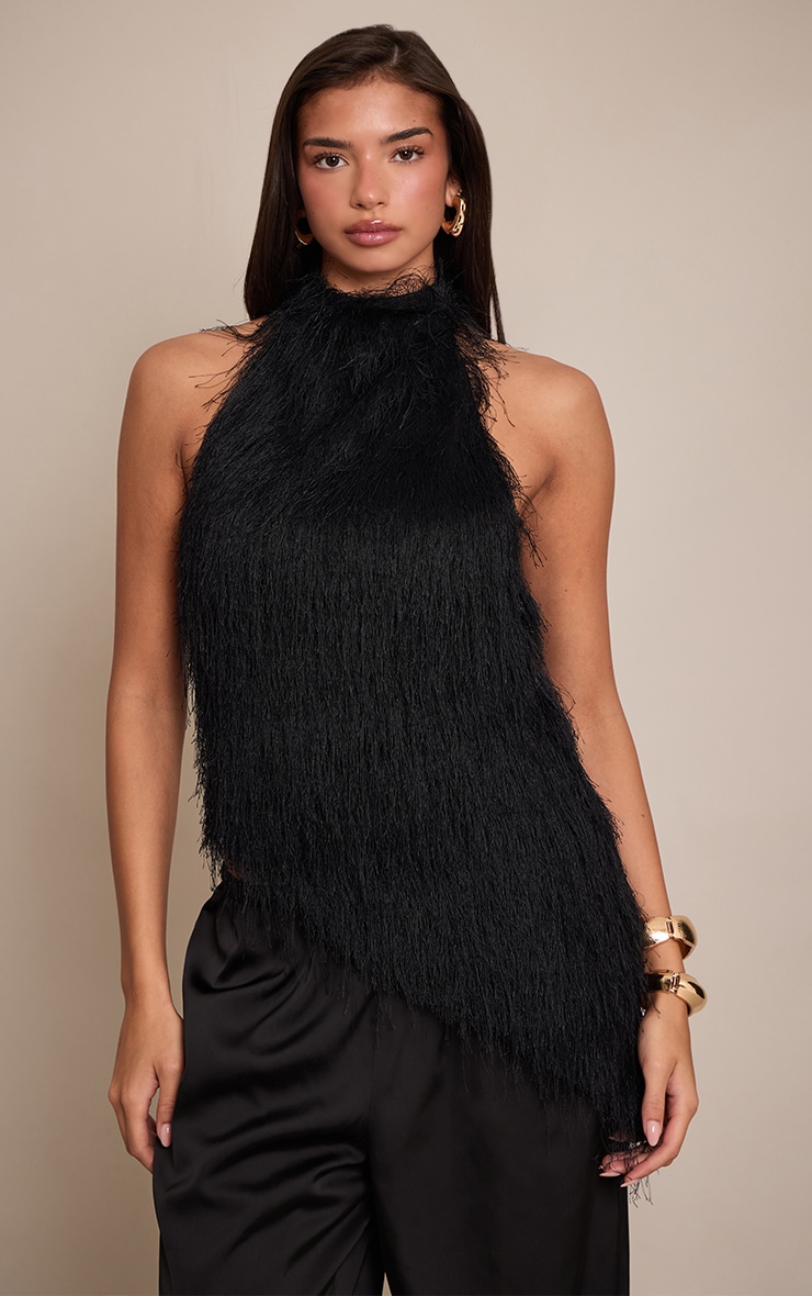 Black Textured Faux Fur Asymmetric Sleeveless Top