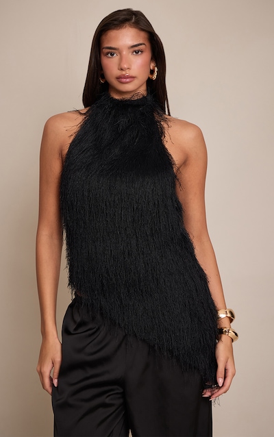 Black Textured Faux Fur Asymmetric Sleeveless Top